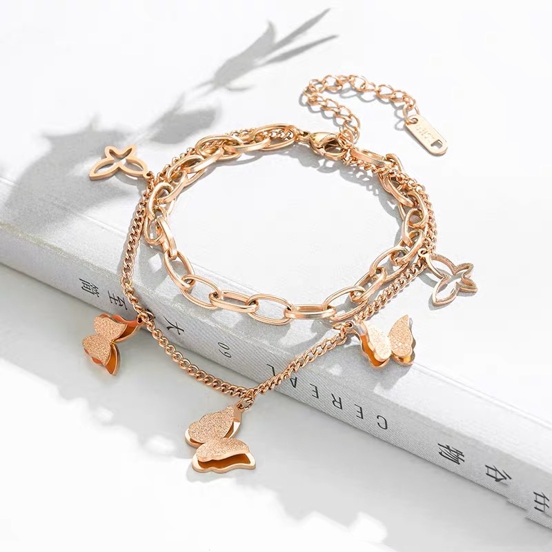สร้อยข้อมือเหล็กไทเทเนียม 18k จี้ผีเสื้อ สองชั้น เครื่องประดับ สไตล์ยุโรป อเมริกัน ย้อนยุค ของขวัญ สําหรับผู้หญิง - รูปที่ 4