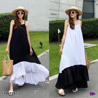 ❤️ TW12873 Maxi Dress แม็กซี่เดรสสายเดี่ยว แต่งชายตัดต่อผ้าสีทูโทน หน้าสั้น-หลังยาว มีซับใน ทรงดีงามมากก ใส่สวยจีจี