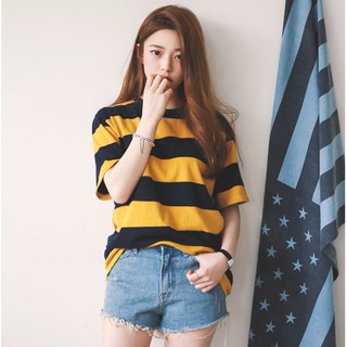 【sssuper solo】Women Korean Striped T-shirts Tops เสื้อปาดไหล่ เสื้อเว้าไหล่