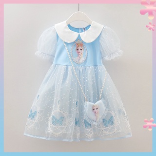 Girls Aisha princess dress 2022 summer childrens ice-and-snow fancy mesh dress babys short-sleeved dress