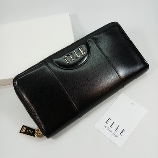 ELLE (EL157BK) กระเป๋าสตางค์ซิปรอบ ใบยาว สีดำ หนังลายเงา โลโก้สีทอง ซิปทอง ของใหม่ ของแท้100%