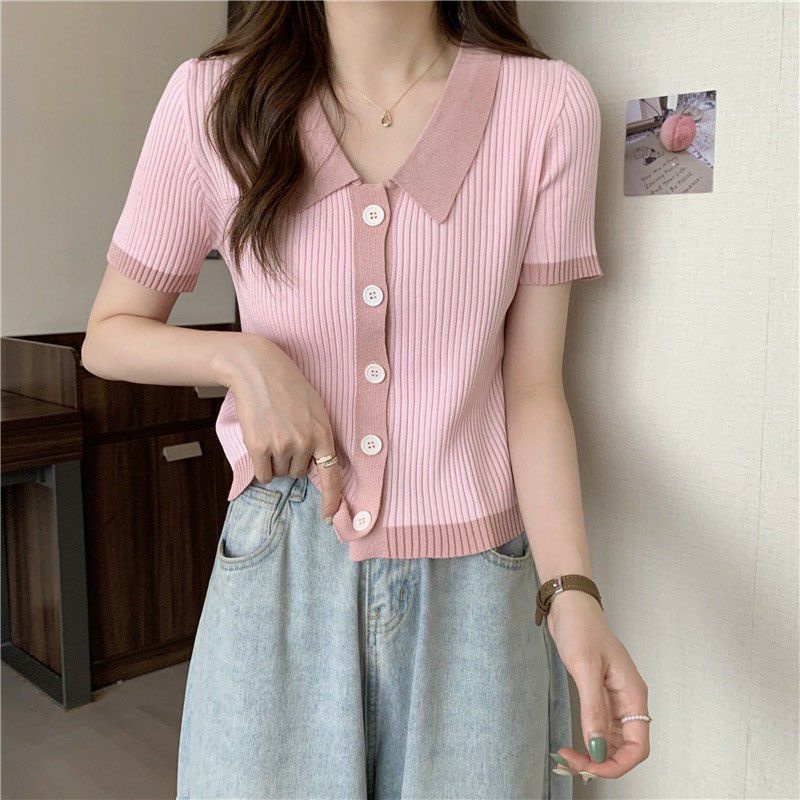 JJ Shopพร้อมส่ง เสื้อไหมพรมแขนสั้น คอปก สีพาสเทลน่ารักเกาหลีมาก 71008 ...