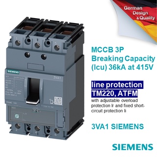 MCCB Siemens รุ่น 3VA1 3P - พิกัดกระแส 16A-160A - Icu up to 36kA at 415V line protection TM220, ATFM