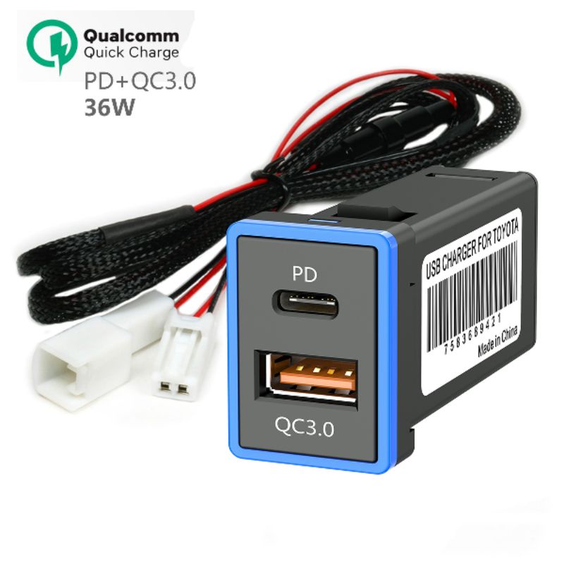 ชาร์จUSB QC3.0+PD เปลี่ยนสีไฟขณะชาร์จจากสีน้ำเงินเป็นสีแดง ไม่ต้องตัดต่อสาย ตรงรุ่นโตโยต้า fortuner revo