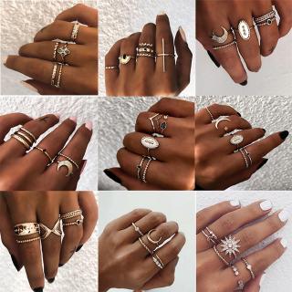 Bohemian Vintage Gold Crescent Geometric Joint Ring Set For Women Crystal Personality Design Ring Set Party Jewelry Gift