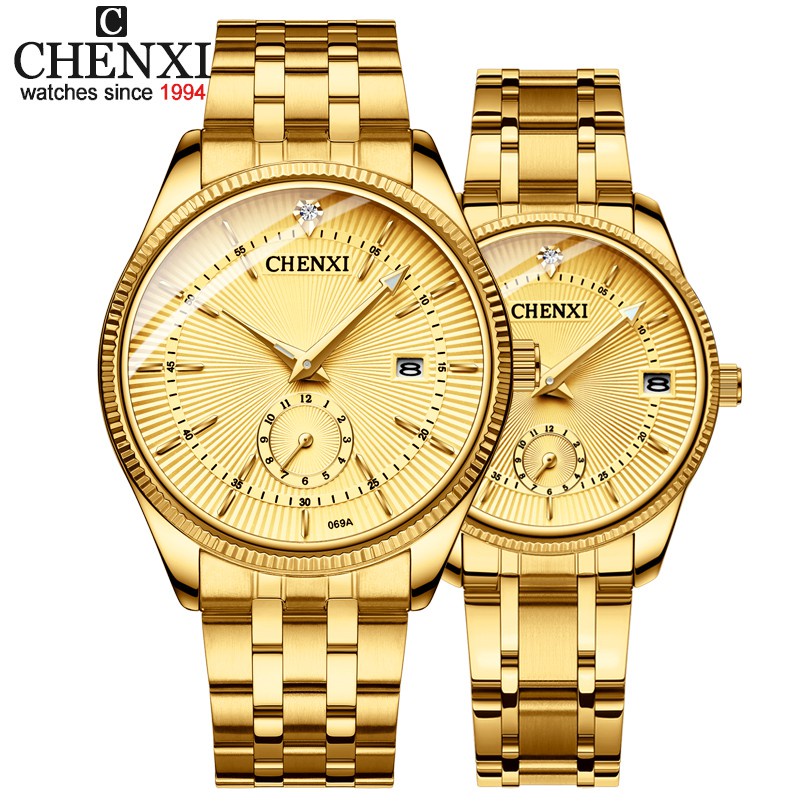 CHENXI CHENXI CX-069A Gold Quartz นาฬิกาข้อมือนาฬิกาคู่ควอตซ์แฟชั่นวันที่นาฬิกาควอตซ์