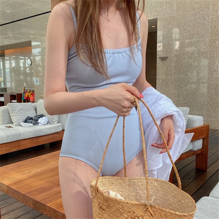 (โปร💕) 24bikini ชุดว่ายน้ำวันพีช สายเดี่ยว สีเทาอมฟ้า มีบราฟองน้ำ ผ้าแห้งไว เก็บ