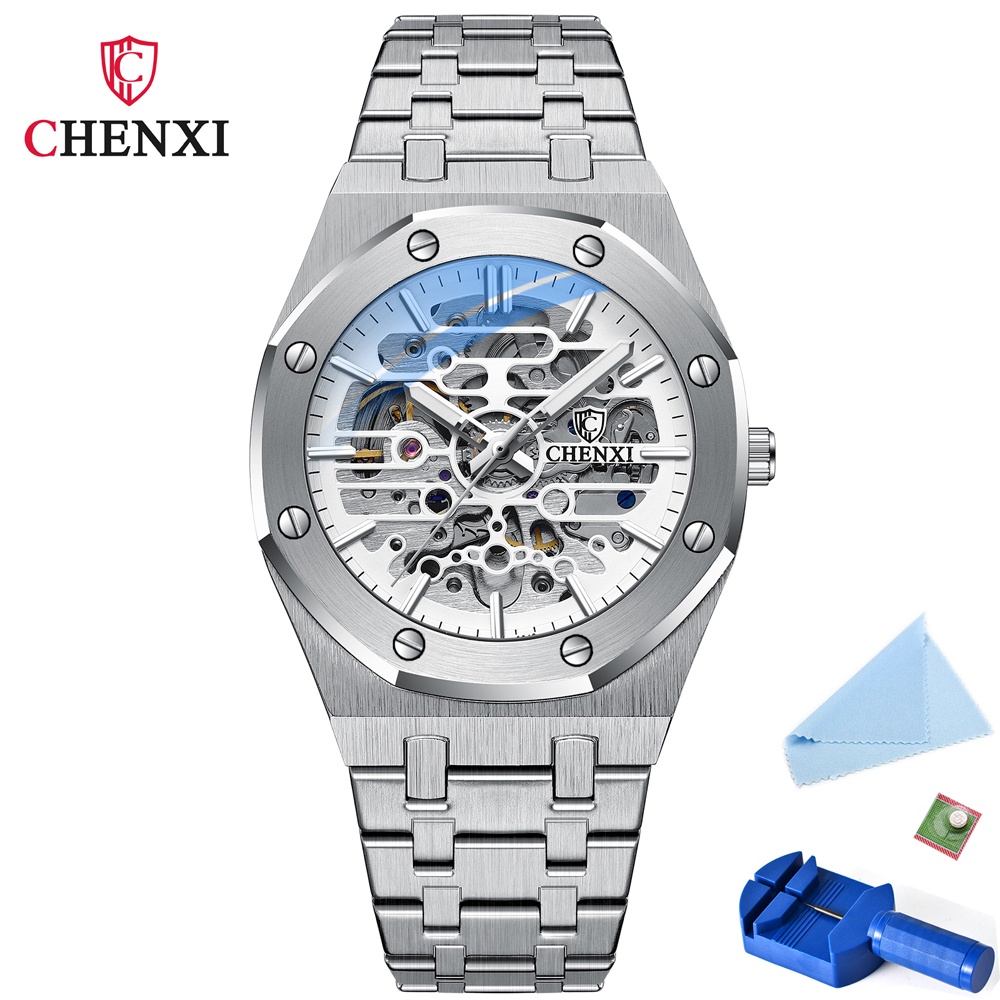CHENXI Mens นาฬิกาแบรนด์ชั้นนําอัตโนมัติ Tourbillon นาฬิกาข้อมือสําหรับผู้ชายกันน้ําส่องสว่างสแตนเลส
