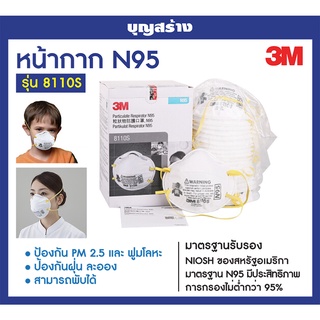 หน้ากาก N95 3M 8110S รุ่นใบหน้าขนาเล็ก เด็กโต/ผู้หญิง ส่งเร็ว ของแท้ 100% 20 ชิ้น/กล่อง