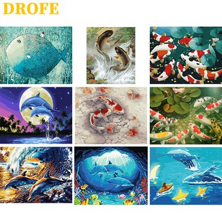 DROFE 【ขนาด : 50X40 ซม】พร้อมส่ง ภาพระบายสีตามตัวเลข ลายปลา ภาพวาดดิจิทัล พร้อมขึง ตกแต่งบ้าน ของขวัญ DIY