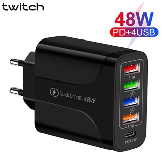 Twitch อะแดปเตอร์ที่ชาร์จ USB 48W 5 พอร์ต PD Type C QC3.0 แบบติดผนัง