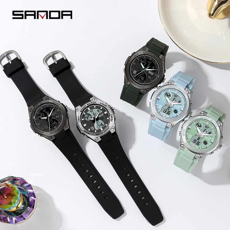 SANDA นาฬิกาข้อมือสตรีสุดหรูควอตซ์กันน้ำ LED พร้อมนาฬิกาว่ายน้ำอเนกประสงค์
