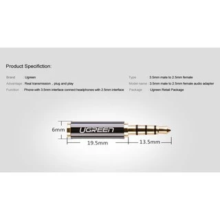 UGREEN รุ่น 20502 หัวแปลง AUX 3.5mm to 2.5mm Male to Female Stereo Studio Adapter Connector