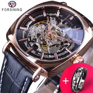 Forsining Watch +Bracelet Set Combination Black Genuine Leather Gold Clock Transparent Skeleton Men Automatic Mechanical