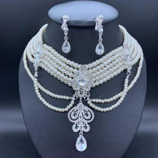 Vintage jewelry สร้อยคอไข่มุกฝ่ายเจ้าสาวย้อนยุคมุกเทียมเพชรต่างหูสร้อยคอชุดPearl necklace set