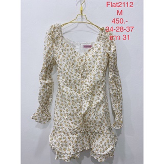 เดรสสั้น แขนยาว สีขาว ลายดอกสีเหลือง FLAT2112 SIZE M