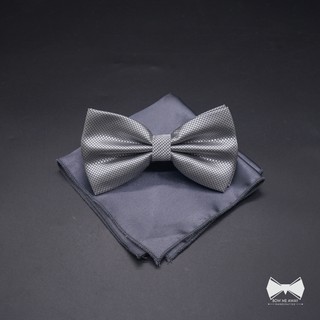 เซ็ทโบว์ไทเทาลายในตัว+ผ้าเช็ดหน้าสูท - Grey Bowtie + Pocket Square set