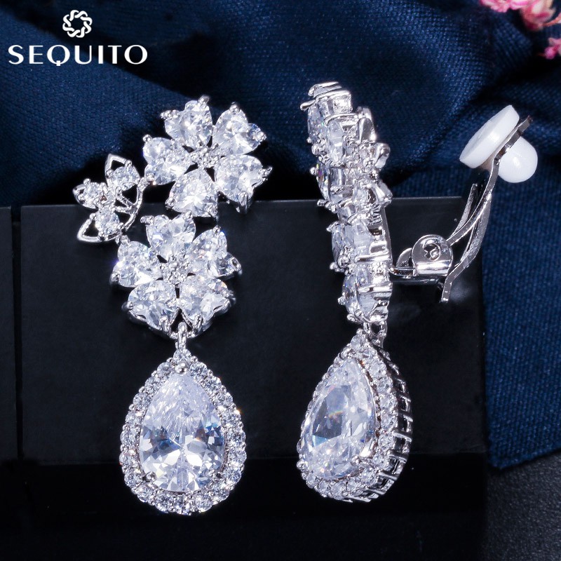 SEQUITO แฟชั่นเกาหลีเจ้าสาวเครื่องประดับจัดงานแต่งงาน Shiny Zirconia เพชรคริสตัลคลิปบน Earings ผู้หญิง Noble คลิปต่างหู E044