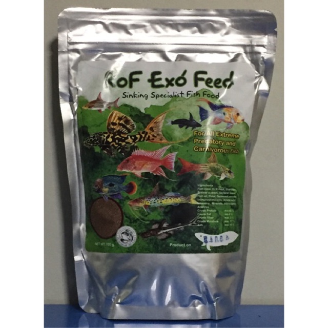 อาหารRof Exo Feedชนิดจมน้ำ สีเขียว ขนาดเม็ดกรมเส้นผ่านศูนย์กลาง 1 มม. ขนาดบรรจุ 700g.