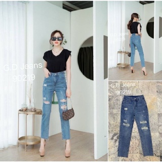 G.D.Jeans รุ่น 90219#กางเกงยีนส์ขายาวผ้าด้านทรงบอยฟอกแต่งขาดหน้า   ผ้านิ่มใส่สบาย