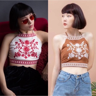 newlooksbkk MYT962 Embroidered Crop top เสื้อ crop ดีเทลงานปัก ชิคๆสไตล์โบฮีเมียน ทรงสวย หลังสายไขว้ ผูกเอวด้านหลัง