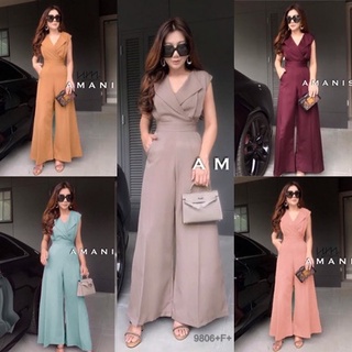 TW9806 Jumpsuit จั้มสูทแขนกุด คอปกสูท ผ้าโฟร์เวย์สีพื้น ทรงขากระบอกกว้าง