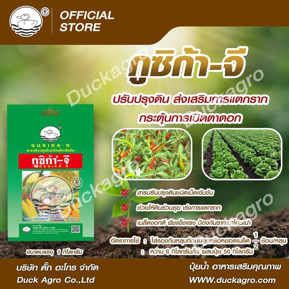 สารปรับปรุงดินชนิดเม็ดเข้มข้น กูซิก้า-จี ตราเป็ด ช่วยให้ดินร่วนซุย ส่งเสริมการแตกราก กระตุ้นการเปิดตาดอก (ซองเล็ก/1 kg)