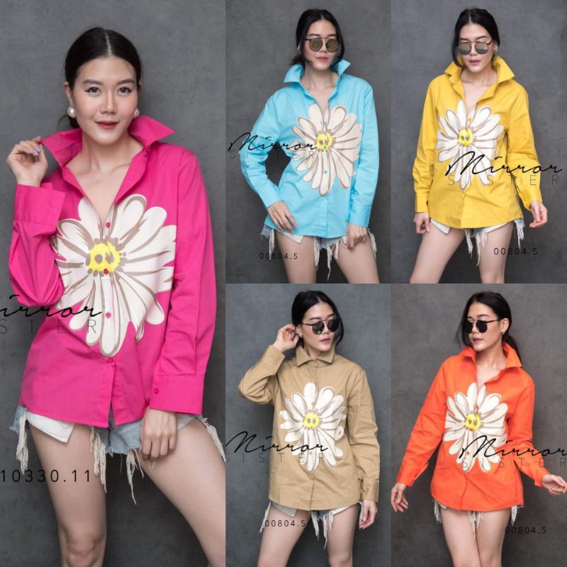 🏷️Mirrorsister #00804.5 เสื้อเชิ้ตสกรีนลายดอกโต เสื้อแขนยาว ลายดอก ใส่ทำงาน สีสดใส