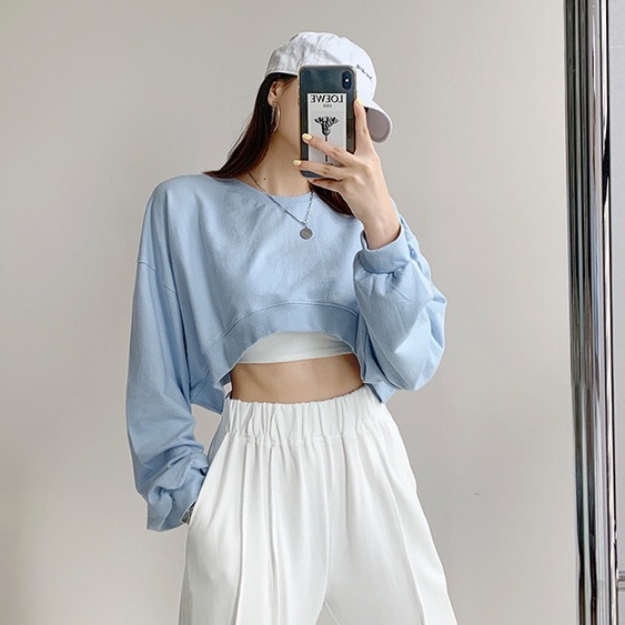 【WJZ】 4สี*เสื้อครอปแขนยาวทรงหลวมสไตล์เกาหลี，เสื้อกันหนาวผ้าฝ้ายนุ่ม【6848】 - รูปที่ 6