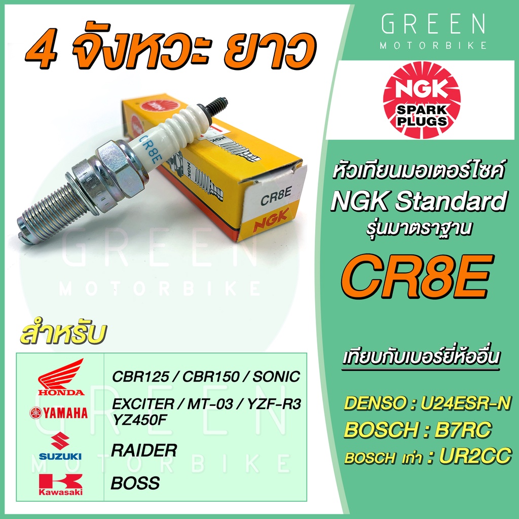 หัวเทียน NGK Standard CR8E 4จังหวะ เกลียวยาว แท้ Honda CBR125 CBR150 Sonic Wave CBR300