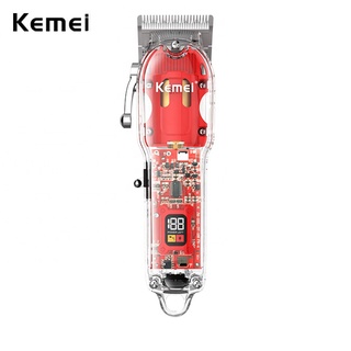 Kemei ปัตตาเลี่ยนตัดผมไร้สาย 10W แบบใส ชาร์จได้ สีแดง สําหรับร้านตัดผม