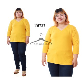 T6737 **พร้อมส่ง** Size รอบอก 46 นิ้ว เสื้อยืดคอวีแขนสามส่วนสีเหลือง เสื้อยืดคนอ้วน เสื้อยืดไซส์ใหญ่ เสื้อยืดสาวอวบ