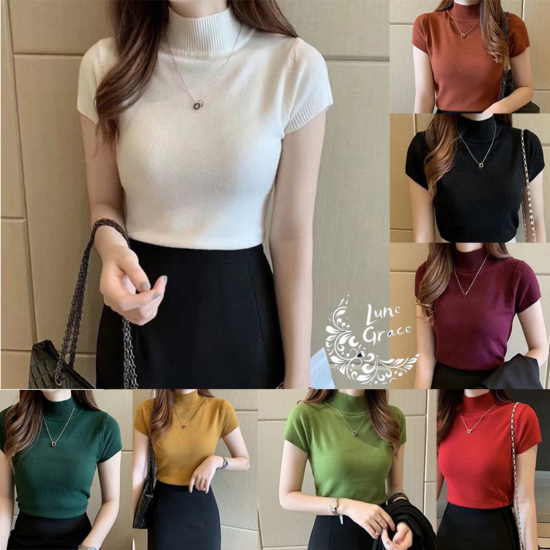 lune 473 เสื้อแขนสั้นไหมพรมคอสูงสีพื้นรัดรูป แฟชั่นเกาหลี พร้อมส่ง