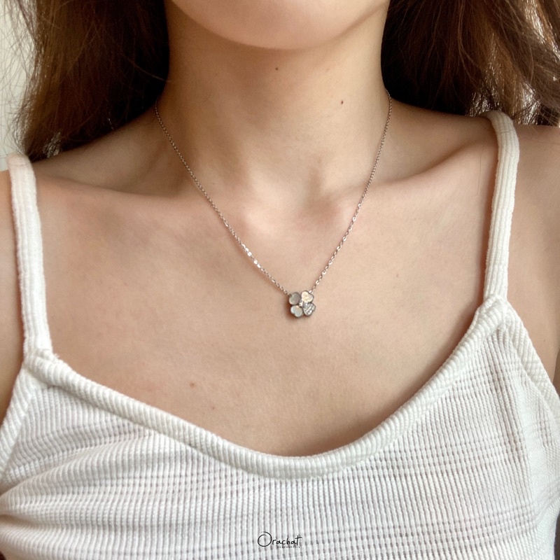 Clover Pearl 14K Necklace. (สร้อยคองานชุบ 14K สแตนเลส จี้ใบโควเวอร์ หน้ามุก  แต่งเพชร Cz)