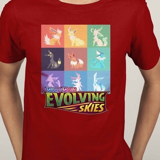 ✇○Evolution ท้องฟ้า Eevee Sylveon Flareon Vaporeon Umbreon Pokemon Trading Card แขนสั้นเสื้อยืดเสื้อผู้ใหญ่เด็กผ้าฝ้าย เ