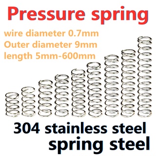 (5 ชิ้น) ลวดสปริงบีบอัด เส้นผ่าศูนย์กลาง 0.7 มม. SUS304 สเตนเลส OD 9 มม. ยาว 5 มม.-600 มม.