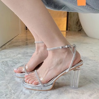 OhBlablaShoes  *NEW*  พร้อมส่ง  รองเท้าส้นสูง ส้นใส รัดข้อ ~ สายเพชรวิบวับ  สี Silver