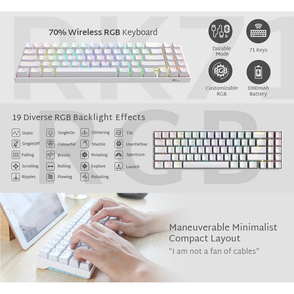 Royal Kludge RK71 Wireless Bluetooth RGB Backlight Gaming Mechanical ...