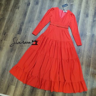 Red Maxi Dress With Belt แม็กซี่เดรสคอวีแขนยาว