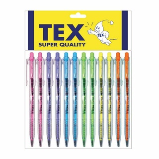 TEX MC 228 ปากกาลูกลื่น หัว 0.7 มม. ด้ามใสหลอดสี หมึกน้ำเงิน แพ็ค 12 ด้าม