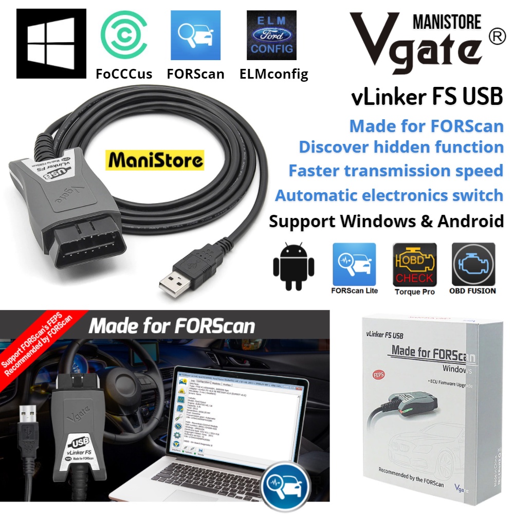 Vgate Vlinker FS USB ELM327  OBD2 Car Diagnostic Tool for  FORScan OBD2 Automotive Scanner MS/HS CAN