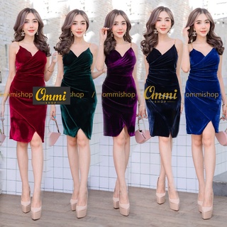 WoW.1215KS ชุดราตรีสั้น สายเดี่ยว ผ้ากำมะหยี่ยืด กระโปรงป้ายผ่า มีฟองน้ำ ommishop new color