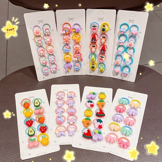 10pcs/ Set Coloful Cartoon Nylon Scrunchie Kids Ponytail Holder Rubber Band Pretty Girl Hair Accessories