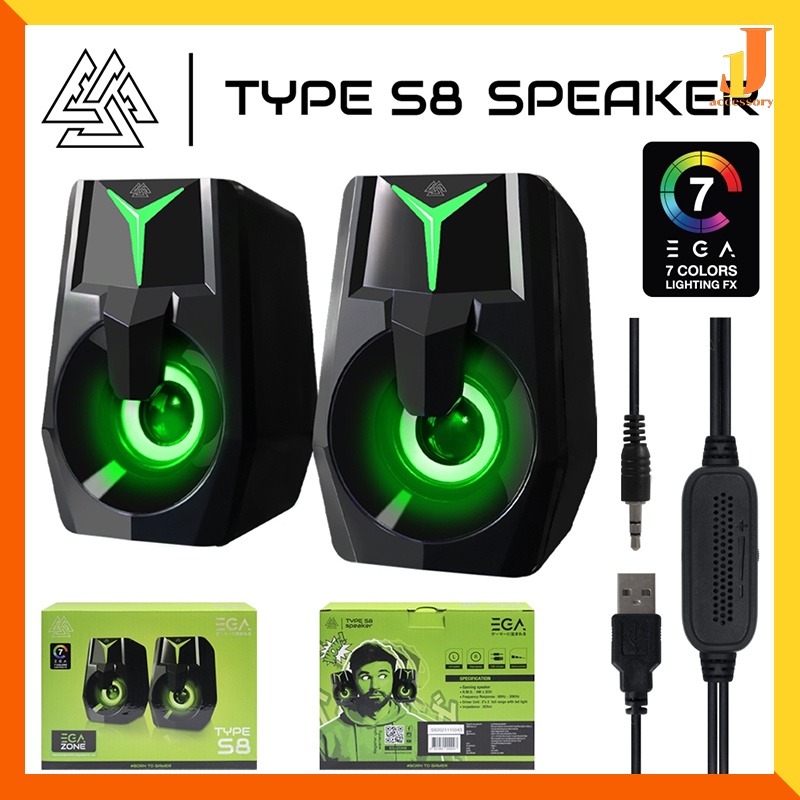 ลำโพงคอม EGA TYPE S8 SPEAKER ลำโพง มีไฟ เชื่อมต่อผ่าน JACK 3.5mm + USB ระบบเสียง Stereo ประกันศูนย์ 