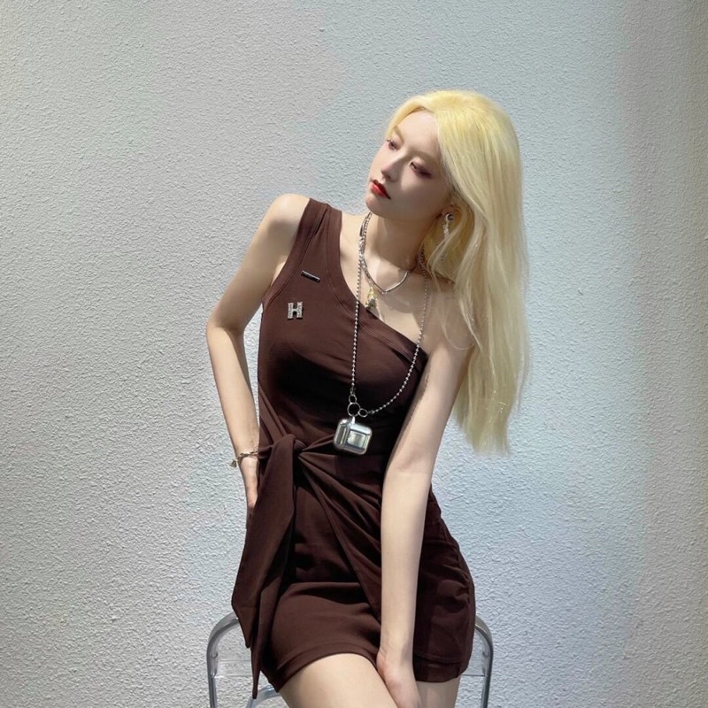 พร้อมส่ง Ins oblique shoulder thin dress