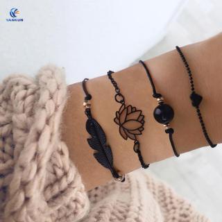 4pcs Fashion Concise Pearl Chain Leaves Lotus Love Black Bracelet