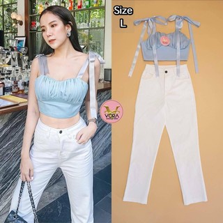 ‼️พร้อมส่ง‼️ มือ1 set เสื้อผูกไหล่ กางเกงขายาว size L งานป้าย Vora ปาร์ตี้ ใส่ไปเที่ยว ใส่ไปทะเล สายฝอ สีฟ้า sexy