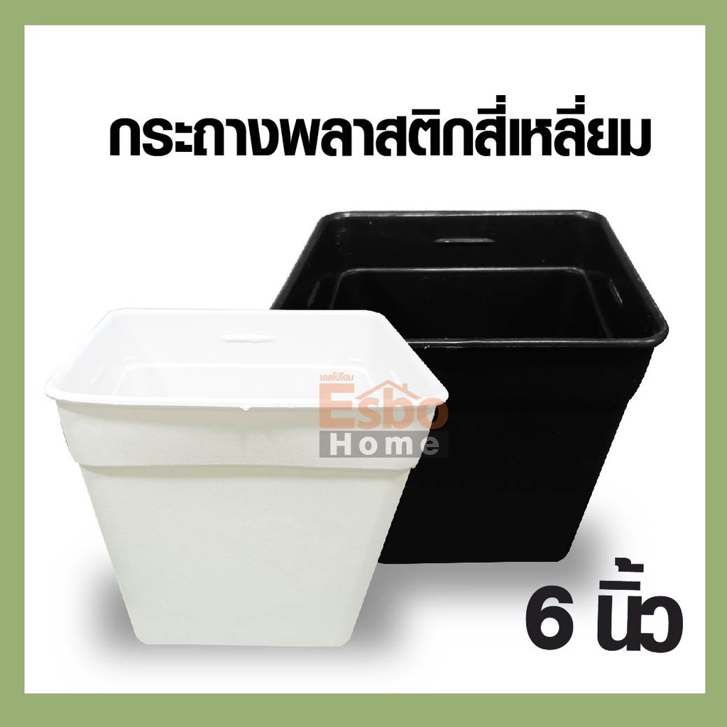 กระถาง ต้นไม้ พลาสติก 6นิ้ว ทรงสี่เหลี่ยม มีขอบ สีขาว แพค*10 ชิ้น