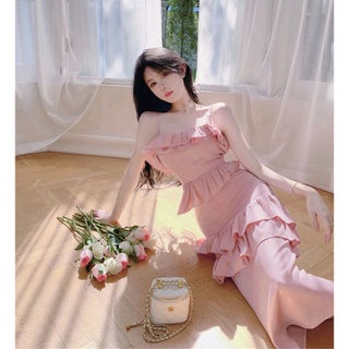 Carnation Strip Long Dress เดรสสายเดี่ยว เดรสยาว สีชมพู ซับในทั้งชุด สายปรับได้ แต่งระบาย เดรสออกงาน เดรสงานแต่ง ทะเล