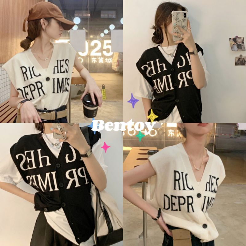 Bentoy(94112)เสื้อกั๊ก​ไหมพรมคอวีกระดุมหน้าเปิดได้ ลายตังอักษร​ผ้านิ่มใส่สบาย